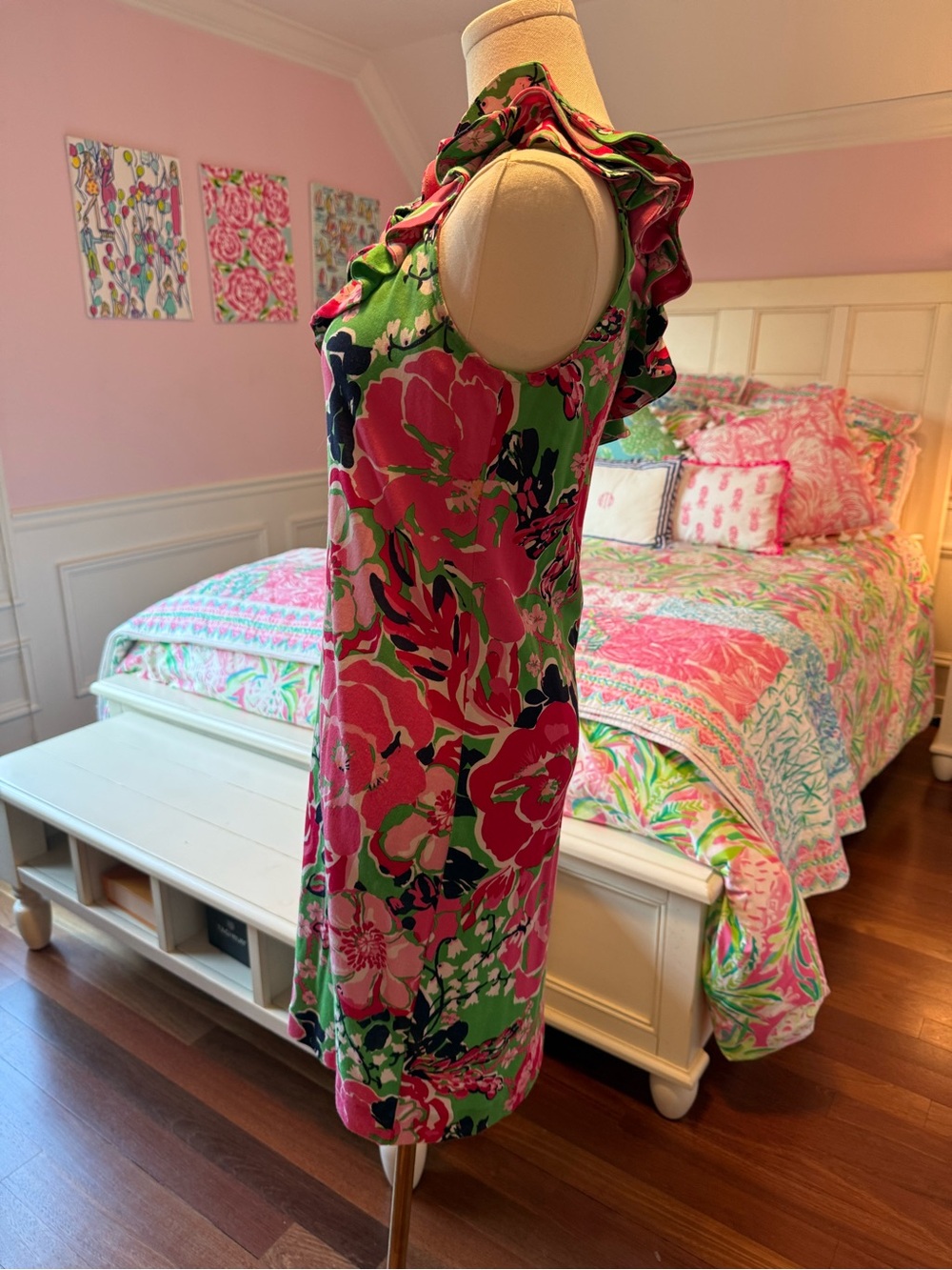 Lilly Pulitzer One-Shoulder Ruffle Floral Dress in Pink and Green - Picture 5 of 5